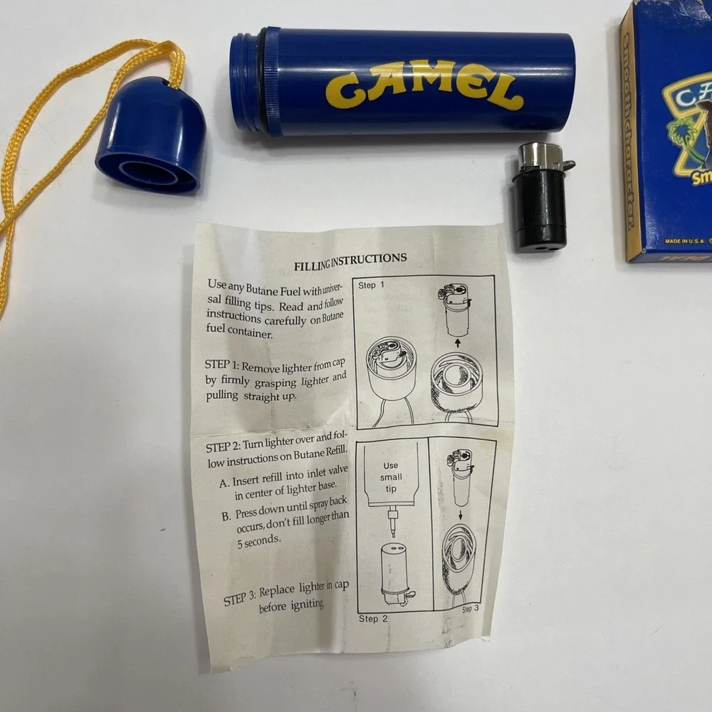 Vtg Camel Cigarette Waterproof Lighter Plastic Case Blue Refillable & Pac Cards.